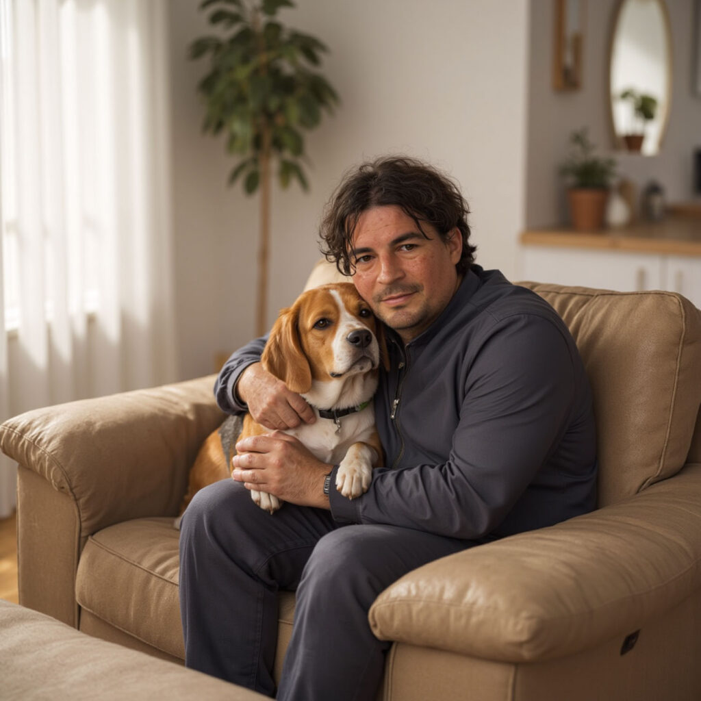 Florian Albrecht-Schoeck mit seinem treuen Hund Gizmo, als sie noch vereint waren. Bild: Privat.