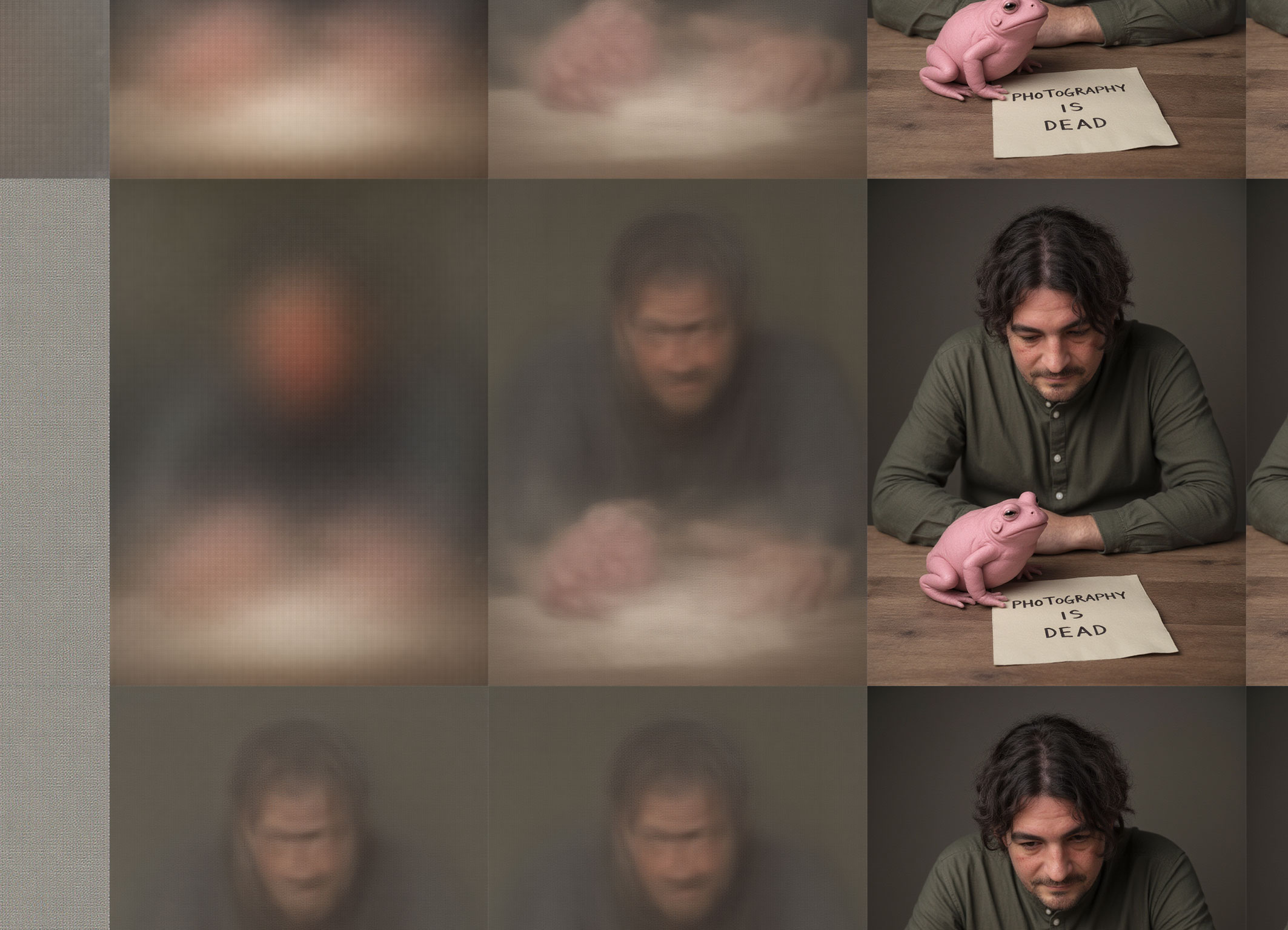 Ausschnitt aus meiner neuen künstlerischen Arbeit: „ An AI image noise for my friend: Me with a pink frog: photography is dead”.