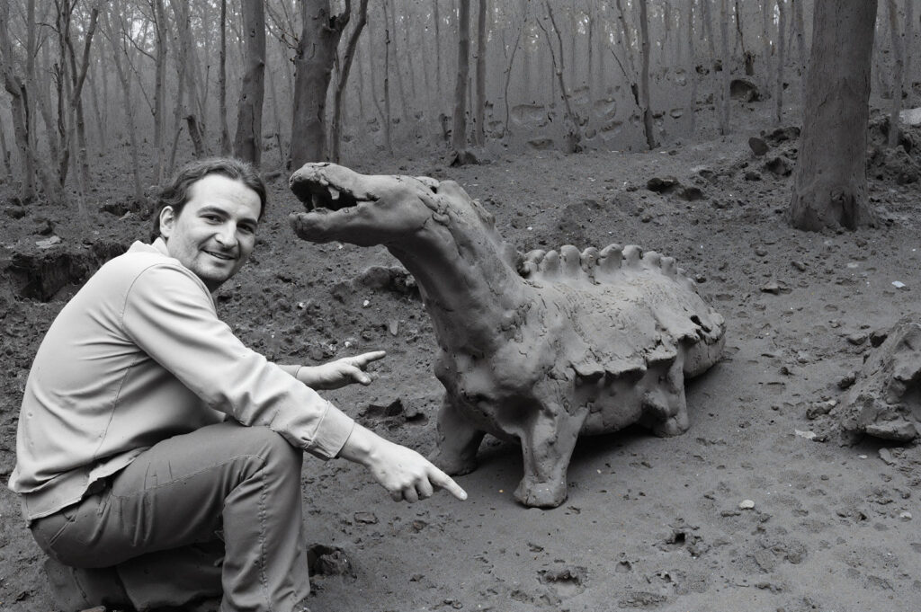 Der britische Forscher Mr. Florian Albrechts-Schmith. Auf einer fernen Insel im Pazifik mit Drachen.