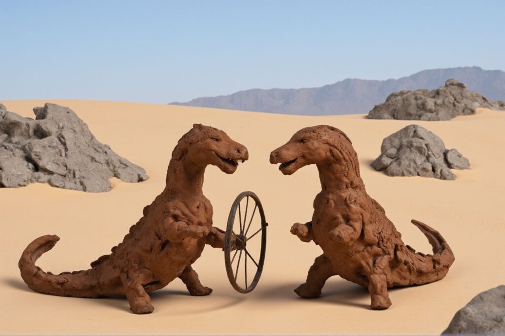 Drachen erfinden das Rad, nachgestellter Moment mit KI