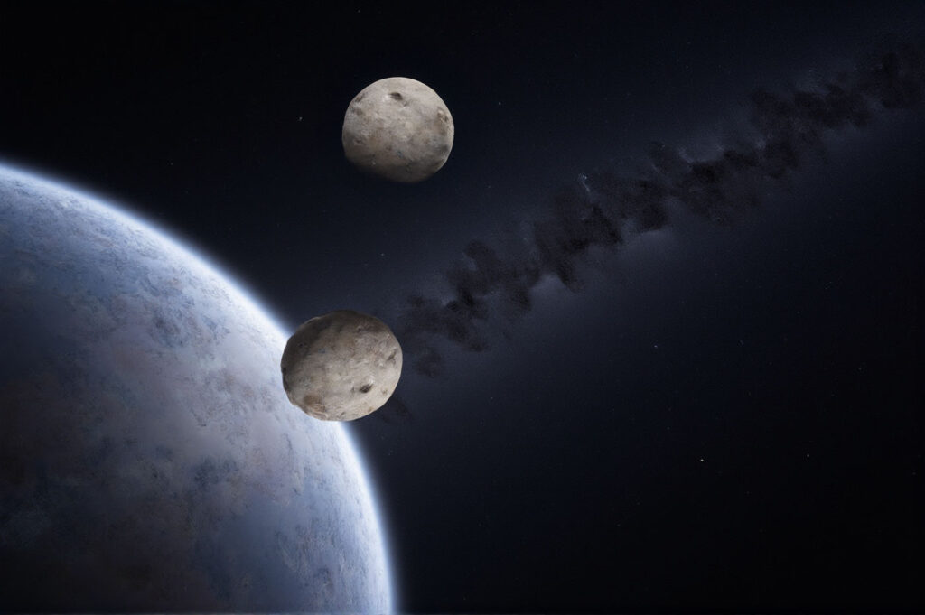 Gab es zwei Monde? Wo ist der eine vor 25.000 Jahren hin? KI-generierte Skizze.