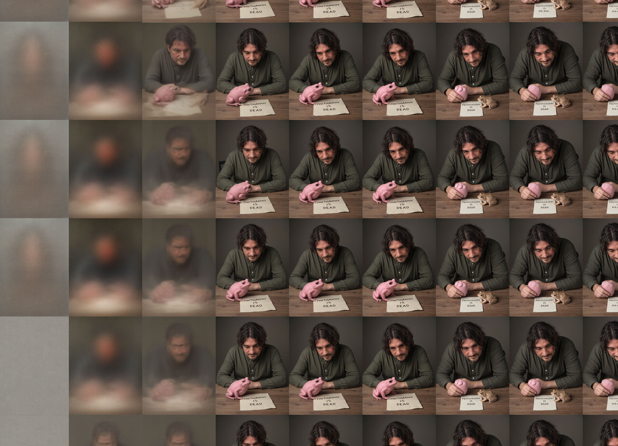 Ausschnitt aus meiner neuen künstlerischen Arbeit: „ An AI image noise for my friend: Me with a pink frog: photography is dead”.