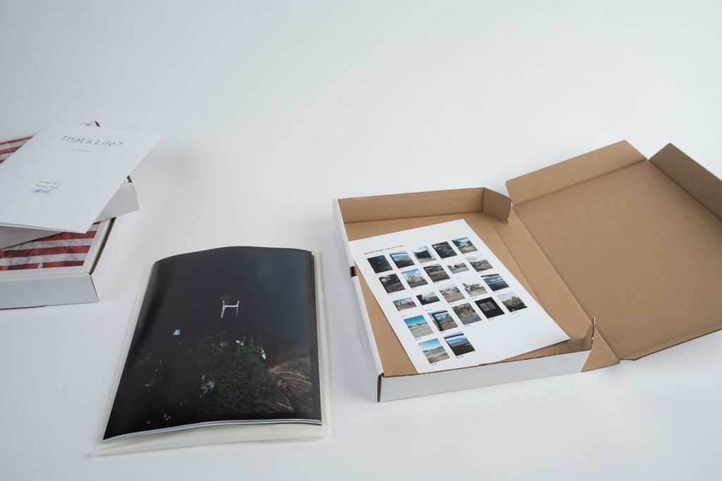 Ansicht der 10er-Edition der künstlerischen Arbeit „That’s Life?“. Der bedruckte Karton besitzt die Außenmaße von 34 cm x 24 cm. Im Karton befinden sich die 22 Motive der Serie. Jeder Abzug besitzt die Größe von 24 cm x 32 cm. Hinzu kommt noch ein Künstler Kommentar zur Arbeit, gedruckt und signiert.