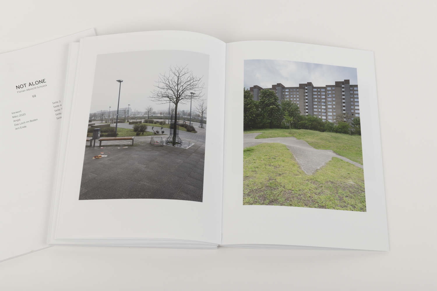 Abbildung der handgebundenen Buch-Edition der künstlerischen und fotografischen Arbeit „Not Alone“ des Künstlers Florian Albrecht-Schoeck.